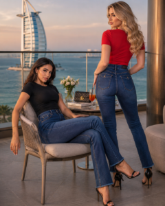 Luxury High-Waist Skinny Jeans with Frayed Hem – Premium Dark Wash Blue  بنطلون جينز سكيني فاخر بخصر مرتفع وحافة منسّلة – أزرق داكن فاخرعبارة تسويقية