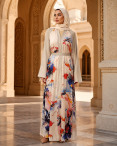 Women’s Premium Printed Open Front Abaya Set – Watercolor Abstract / عباية نسائية مفتوحة ومطبوعة بنقوش تجريدية – ألوان مائية