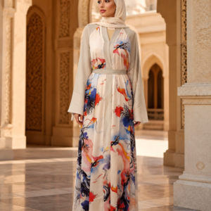 Women's Premium Printed Open Front Abaya Set - Watercolor Abstract / عباية نسائية مفتوحة ومطبوعة بنقوش تجريدية - ألوان مائية