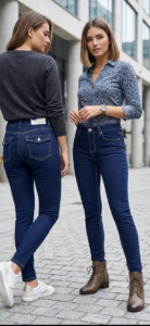 High-Waist Double-Button Skinny Jeans – Dark Indigo (Stitched Hem) بنطلون جينز سكيني بخصر مرتفع وزرين – نيلة داكنة (حافة مخيطة)