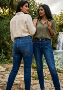 High-Waist Full Power Stretch Skinny Jeans – Premium Mid-Wash Blue (Stitched Hem) بنطلون جينز سكيني بخصر مرتفع ومرونة فائقة – أزرق متوسط الغسيل فاخر (حافة مخيطة)