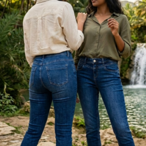 High-Waist Full Power Stretch Skinny Jeans – Premium Mid-Wash Blue (Stitched Hem) بنطلون جينز سكيني بخصر مرتفع ومرونة فائقة – أزرق متوسط الغسيل فاخر (حافة مخيطة)