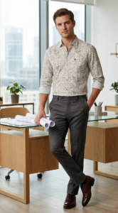 Men’s Mosaic Pattern Block Printed Shirt – Light Grey / قميص رجالي كاجوال مطبوع بنمط موزاييك – رمادي فاتح