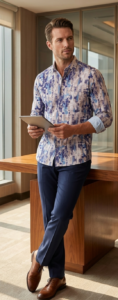 Men’s Abstract Splash Printed Shirt – Indigo Blue / قميص رجالي مطبوع بنقوش تجريدية – أزرق نيلي