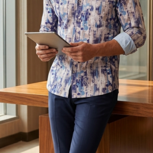 Men's Abstract Splash Printed Shirt - Indigo Blue / قميص رجالي مطبوع بنقوش تجريدية - أزرق نيلي