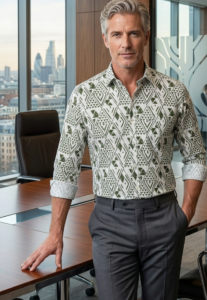 Men’s Aztec Pattern Printed Casual Shirt – Olive White / قميص رجالي مطبوع بنقوش أزتيك – زيتوني وأبيض