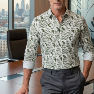 Men's Aztec Pattern Printed Casual Shirt - Olive White / قميص رجالي مطبوع بنقوش أزتيك - زيتوني وأبيض