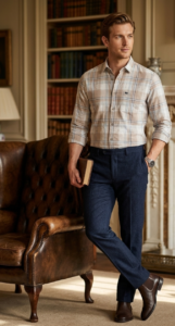Men’s Textured Broad Check Shirt – Ash Brown / قميص رجالي كاروهات عريضة من قماش محكم – بني رمادي