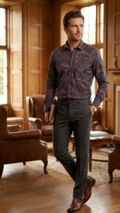 Men’s Geometric Printed Casual Shirt – Dark Maroon / قميص رجالي كاجوال مطبوع بنقوش هندسية – عنابي داكن