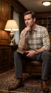 Men’s Casual Plaid Checkered Shirt – Khaki & Olive / قميص رجالي كاجوال كاروهات – خاكي وزيتوني