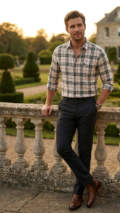 Men’s Tartan Checked Casual Shirt – Beige, Black & Maroon / قميص رجالي كاجوال كاروهات تارتان – بيج وأسود وعنابي