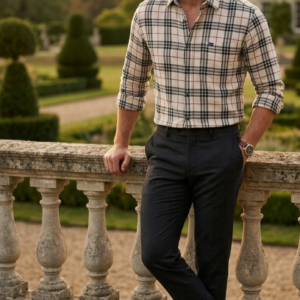 Men's Tartan Checked Casual Shirt - Beige, Black & Maroon / قميص رجالي كاجوال كاروهات تارتان - بيج وأسود وعنابي