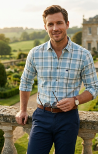 Men’s Cotton Checkered Casual Shirt – Sky Blue / قميص رجالي كاجوال كاروهات – أزرق سماوي
