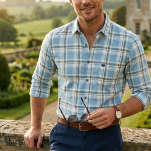 Men's Cotton Checkered Casual Shirt - Sky Blue / قميص رجالي كاجوال كاروهات - أزرق سماوي